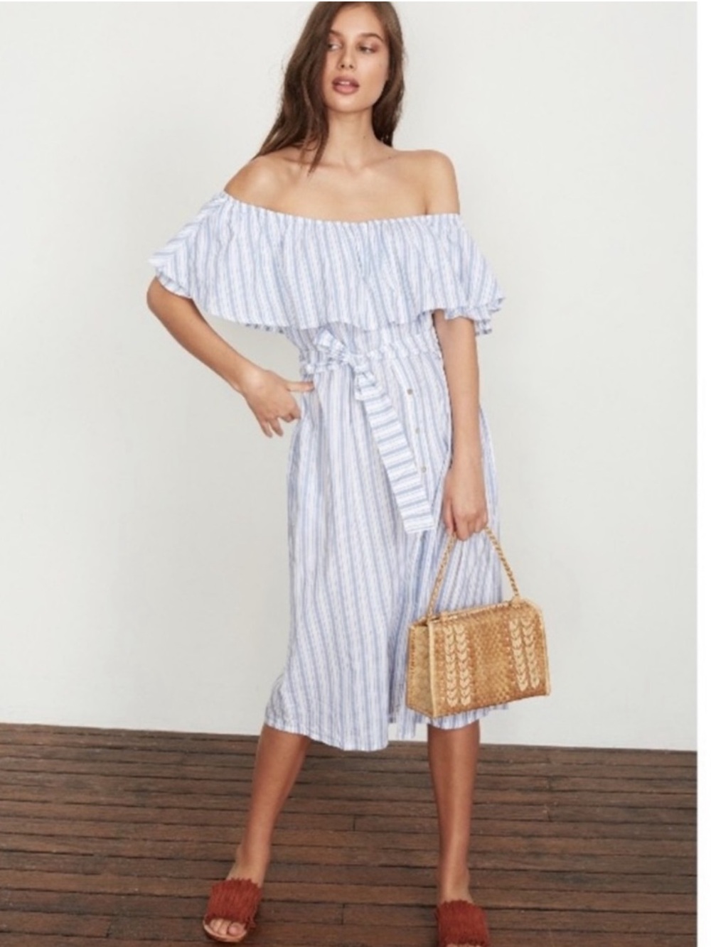 Faithfull the Brand Cecil Midi Dress Blue White Stripe Off Shoulder Size 6